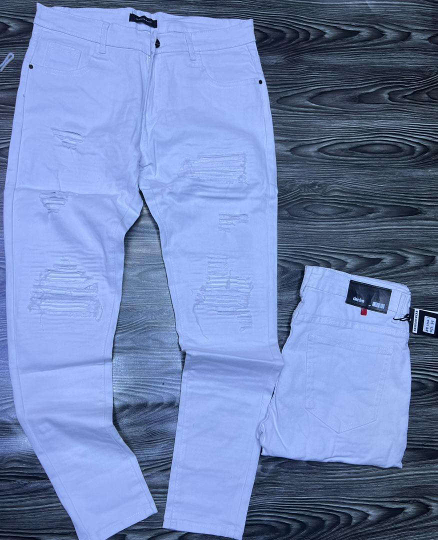 Jean Homme Blanc Déchiré Effet Usé Coupe Slim
